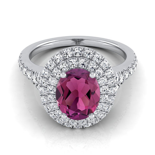 18K White Gold Oval Garnet Double Halo with Scalloped Pavé Diamond Engagement Ring -1/2ctw