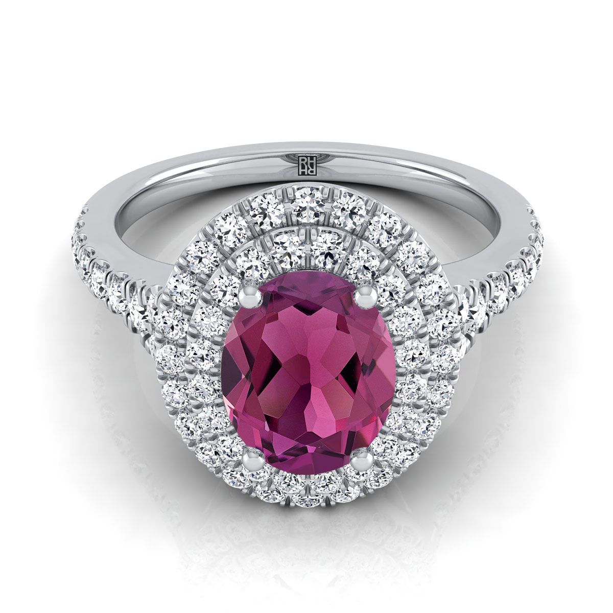 14K White Gold Oval Garnet Double Halo with Scalloped Pavé Diamond Engagement Ring -1/2ctw