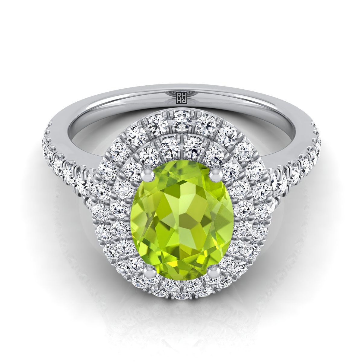 18K White Gold Oval Peridot Double Halo with Scalloped Pavé Diamond Engagement Ring -1/2ctw