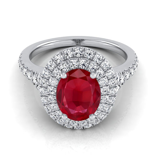 14K White Gold Oval Ruby Double Halo with Scalloped Pavé Diamond Engagement Ring -1/2ctw