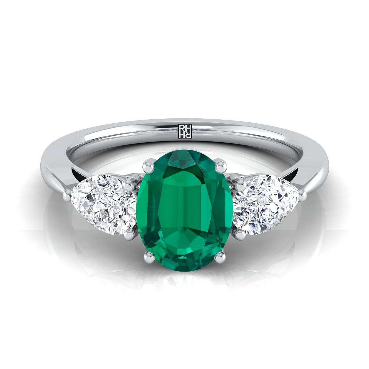 Platinum Oval Emerald Perfectly Matched Pear Shaped Three Diamond Engagement Ring -7/8ctw