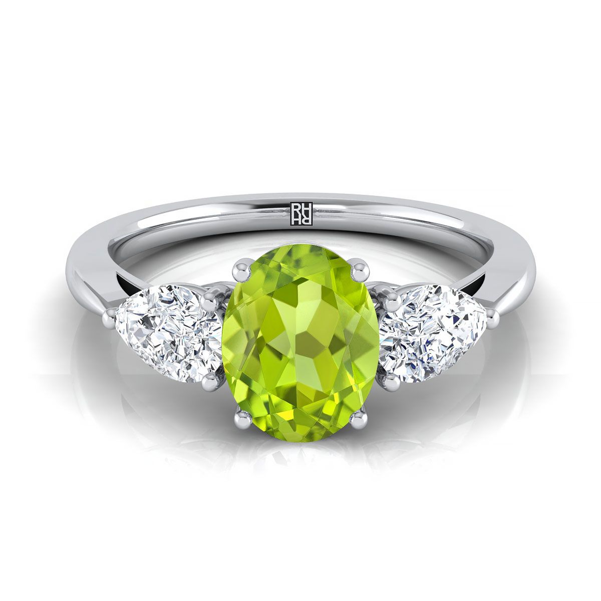14K White Gold Oval Peridot Perfectly Matched Pear Shaped Three Diamond Engagement Ring -7/8ctw