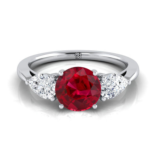 14K White Gold Round Brilliant Ruby Perfectly Matched Pear Shaped Three Diamond Engagement Ring -7/8ctw