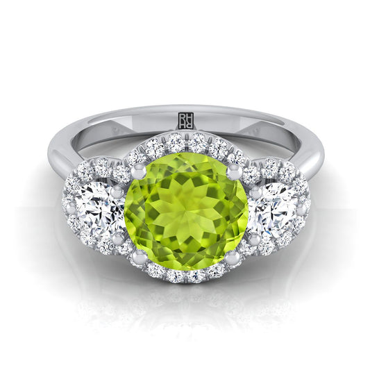 18K White Gold Round Brilliant Peridot French Pave Diamond Three Stone Engagement Ring -1/2ctw
