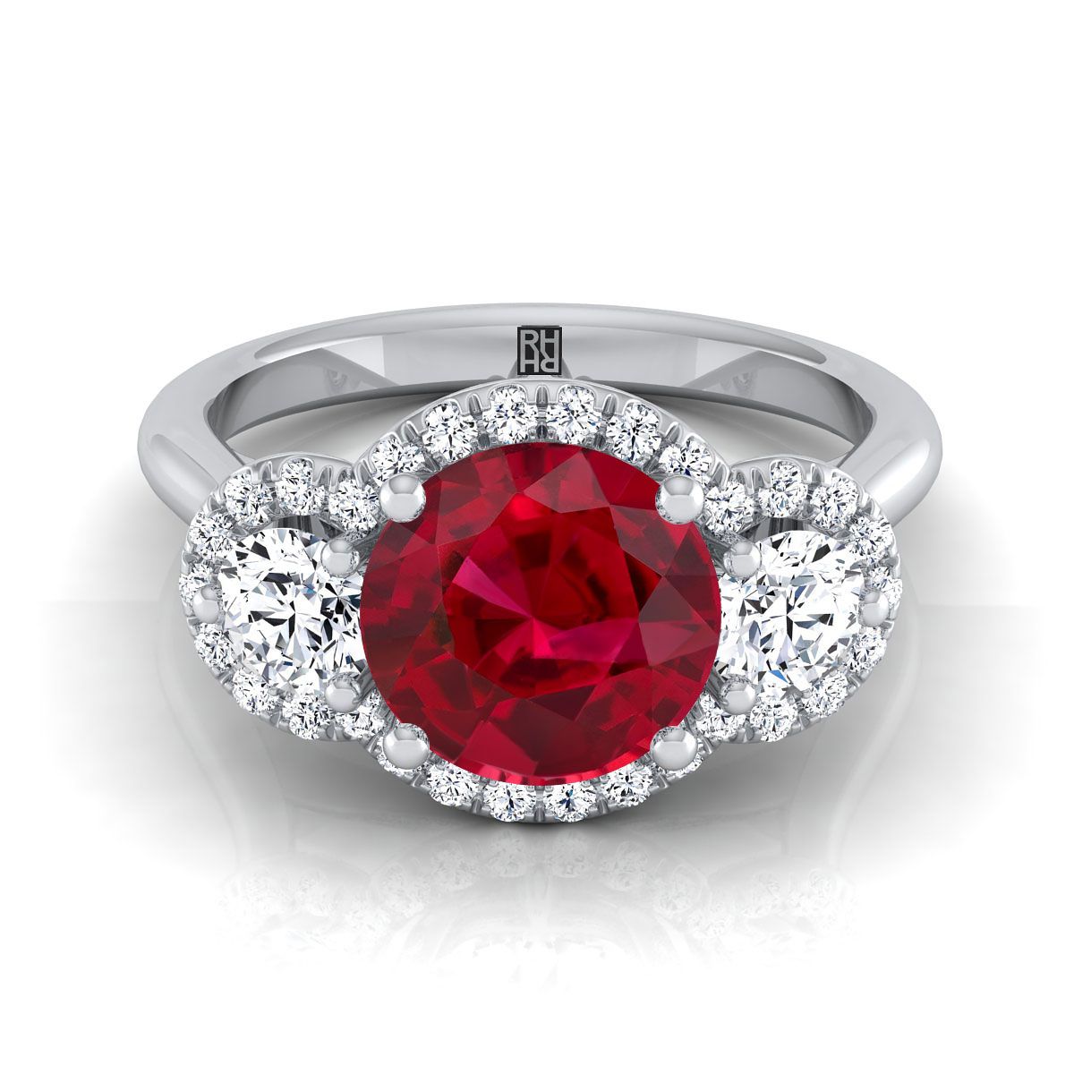 14K White Gold Round Brilliant Ruby French Pave Diamond Three Stone Engagement Ring -1/2ctw