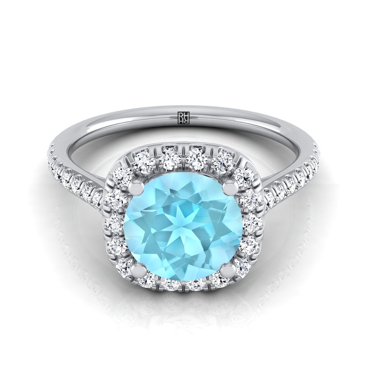 18K White Gold Round Brilliant Aquamarine Simple Prong Set Halo Engagement Ring -1/3ctw