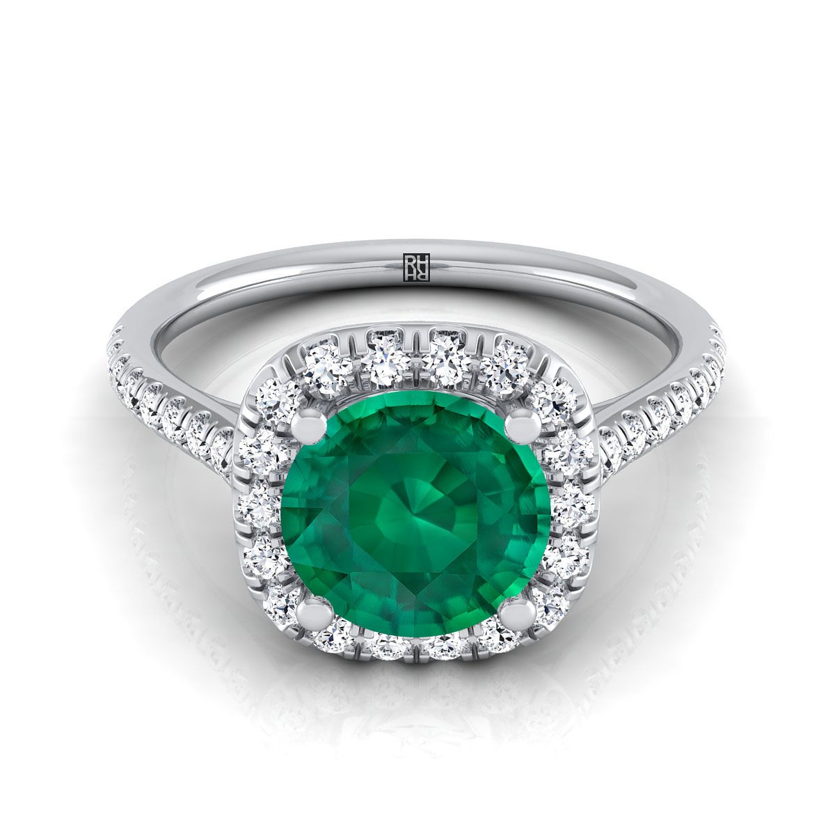 Platinum Round Brilliant Emerald Simple Prong Set Halo Engagement Ring -1/3ctw