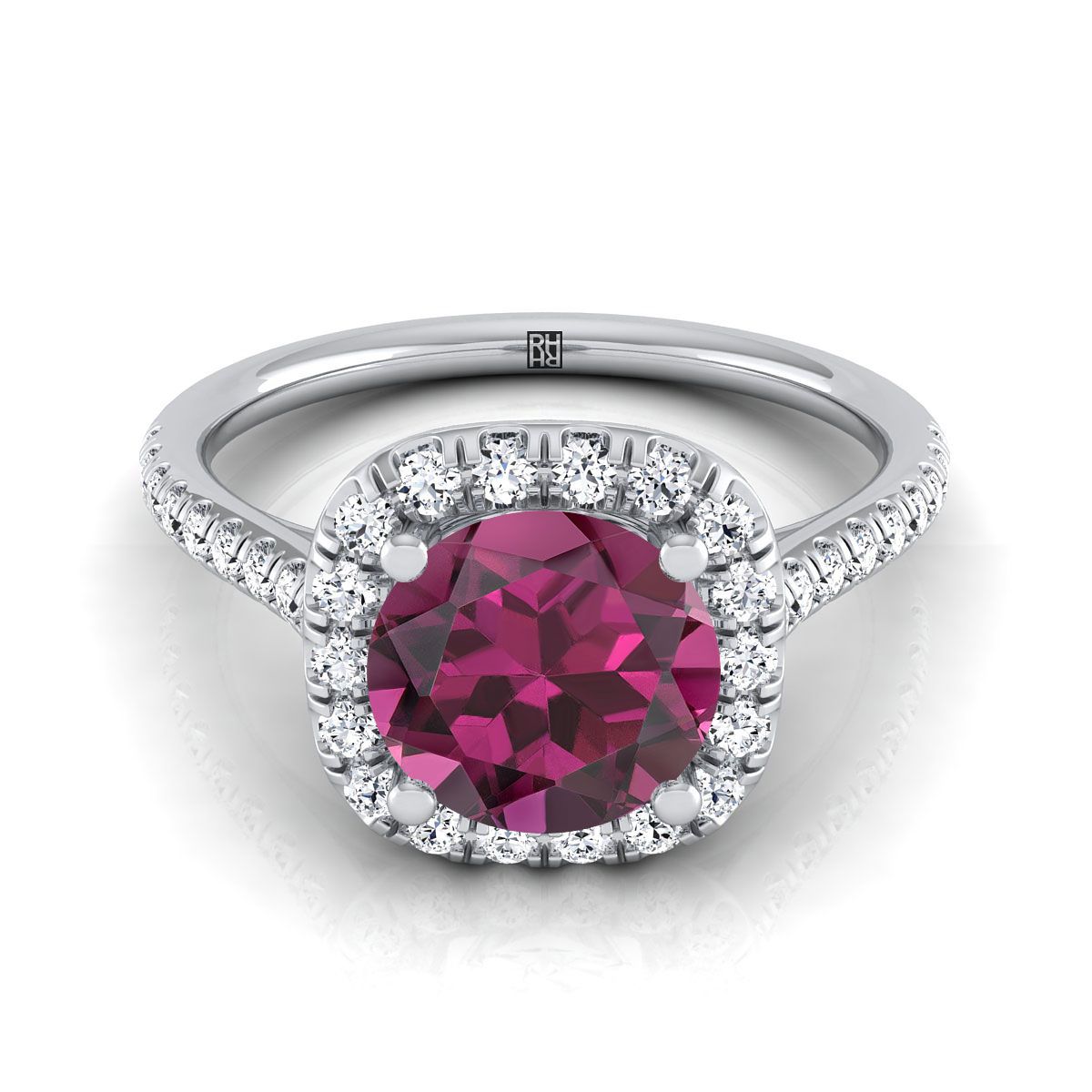 18K White Gold Round Brilliant Garnet Simple Prong Set Halo Engagement Ring -1/3ctw
