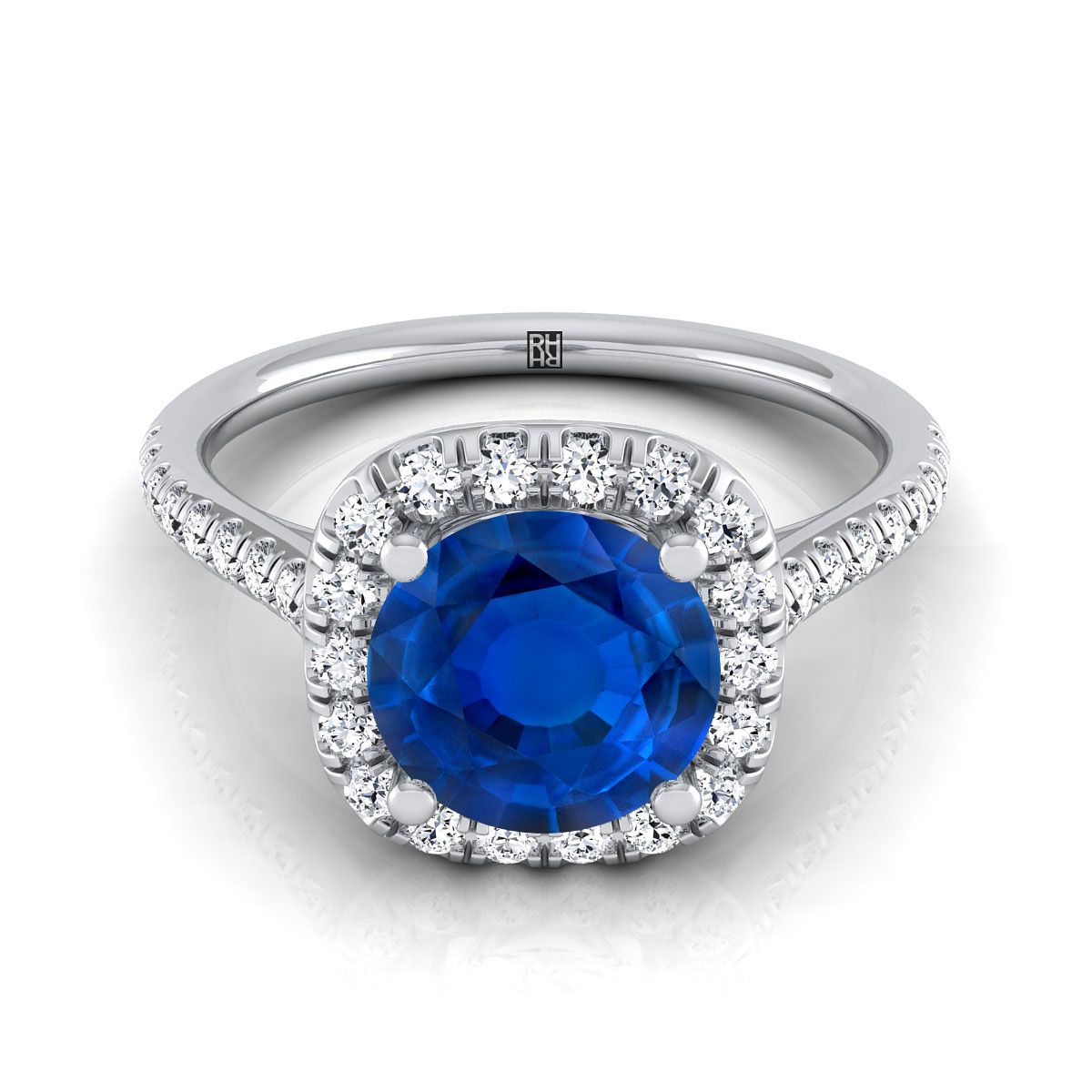 Platinum Round Brilliant Sapphire Simple Prong Set Halo Engagement Ring -1/3ctw