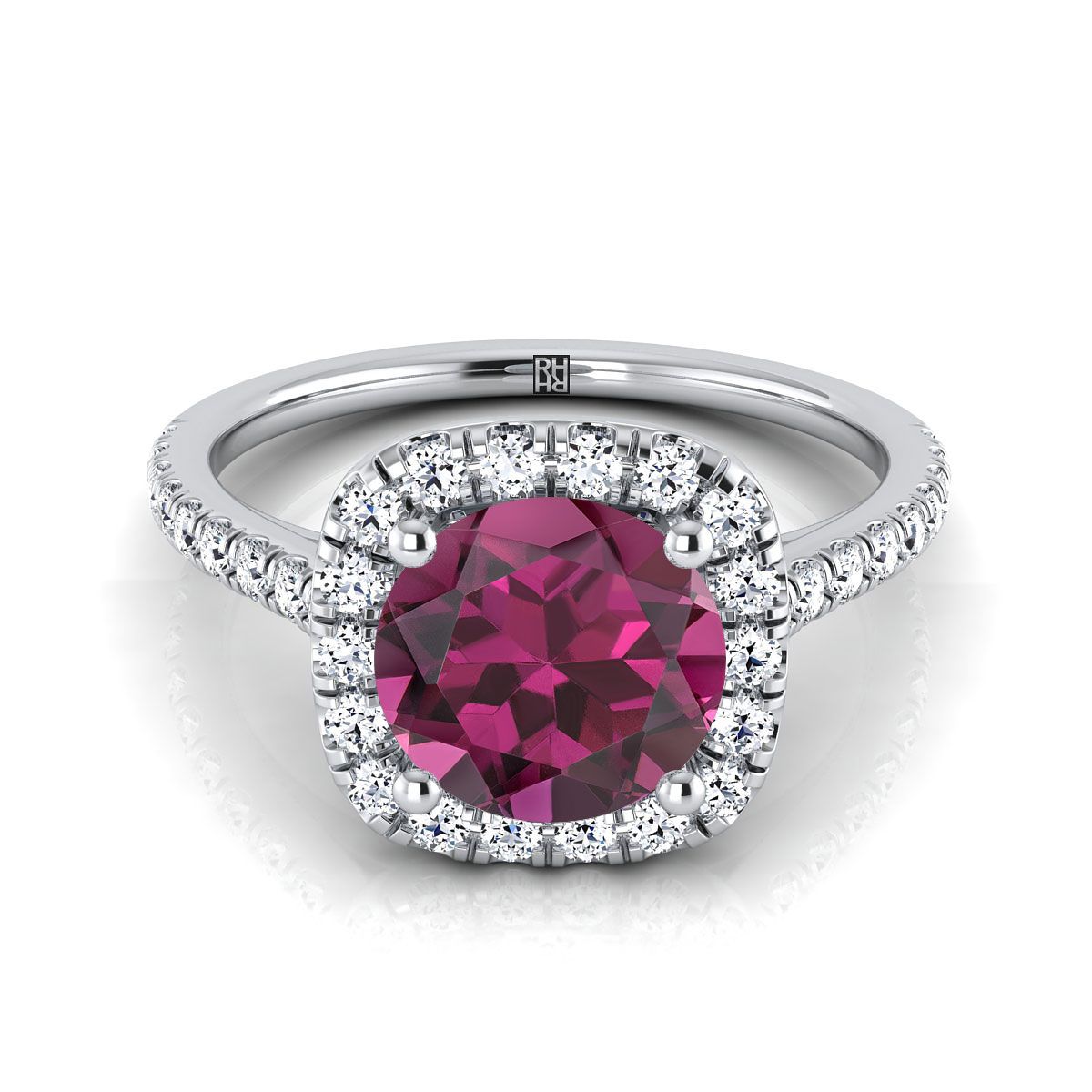 Platinum Round Brilliant Garnet Halo Diamond Pave Engagement Ring -1/3ctw