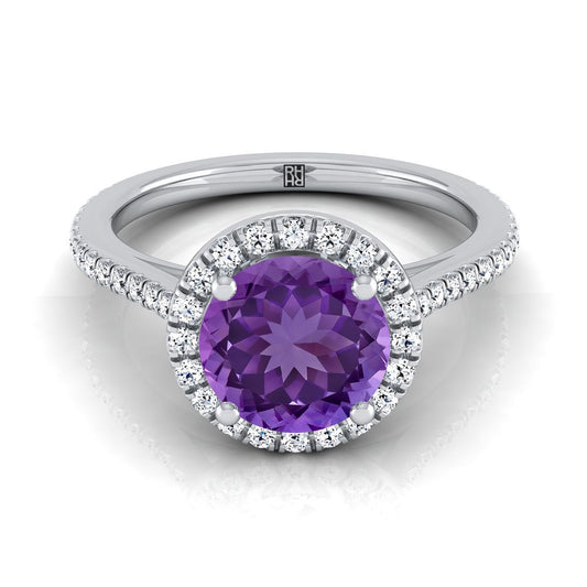 18K White Gold Round Brilliant Classic French Pave Halo and Linear Engagement Ring -1/4ctw