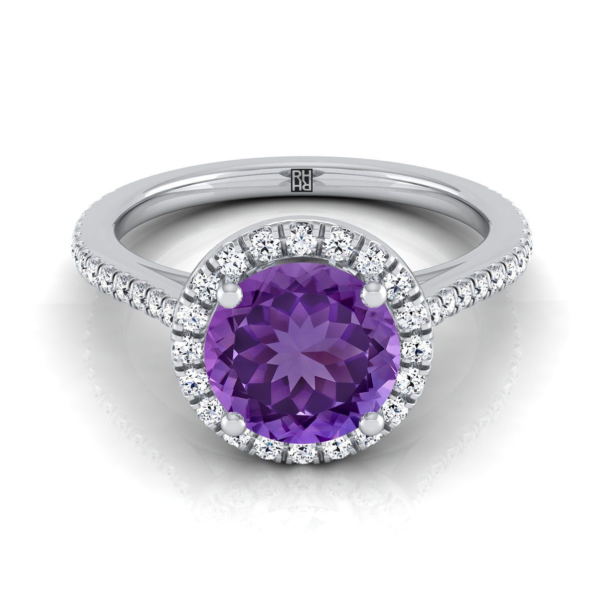 14K White Gold Round Brilliant Classic French Pave Halo and Linear Engagement Ring -1/4ctw