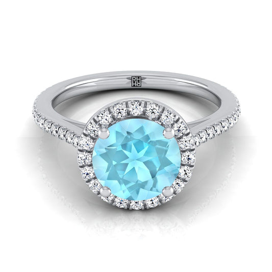 แหวนหมั้นทองคำขาว 18K ทรงกลมเจียระไนแบบคลาสสิก ฝรั่งเศสแบบปาเว่ ฮาโลและเส้นตรง - 1/4ctw