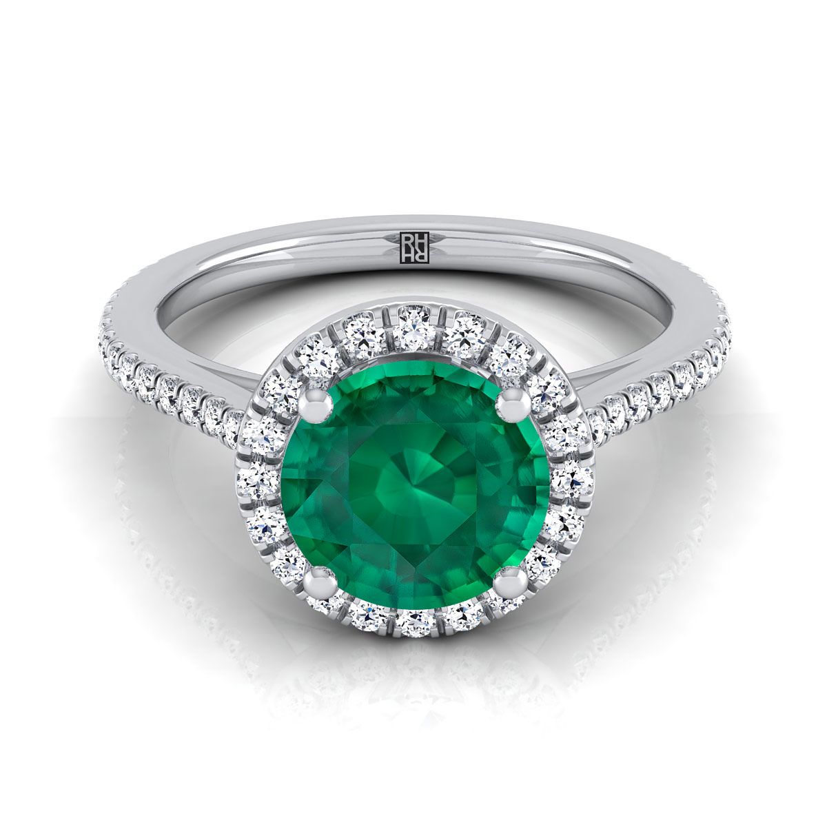 14K White Gold Round Brilliant Classic French Pave Halo and Linear Engagement Ring -1/4ctw