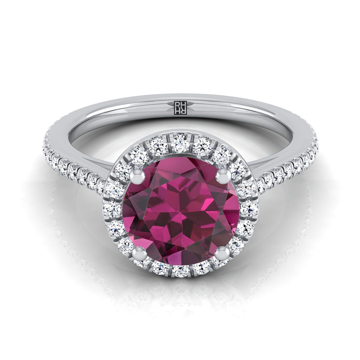 แหวนหมั้นเพชรทรงกลมแพลทินัมแบบคลาสสิก ฝังเพชรสไตล์ฝรั่งเศสแบบฮาโลและเส้นตรง - 1/4ctw