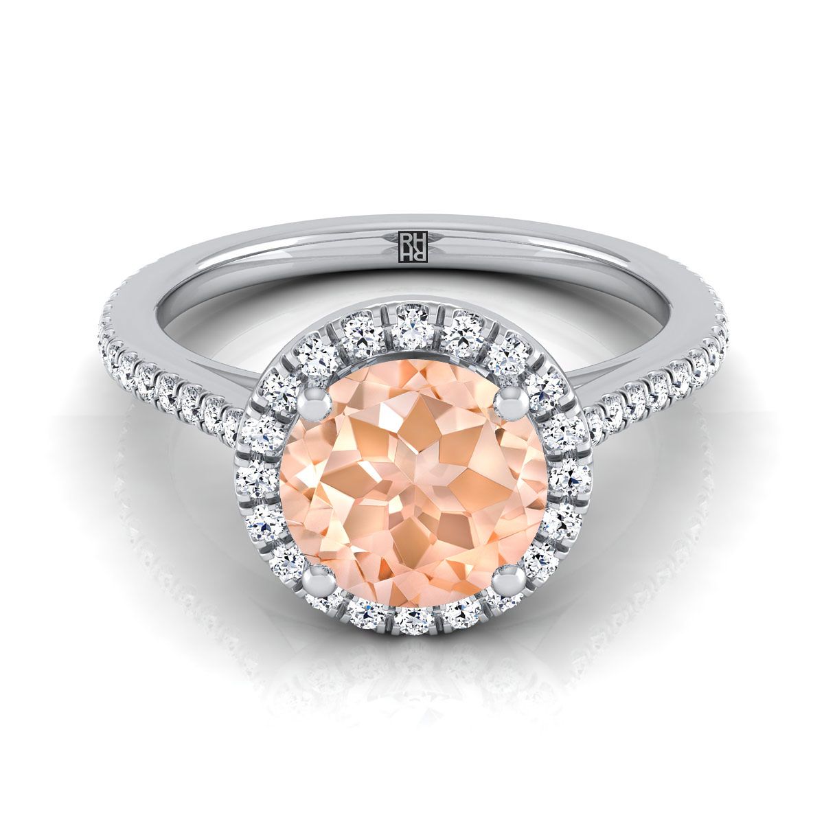 แหวนหมั้นทองคำขาว 14K ทรงกลมเจียระไนแบบคลาสสิก ฝรั่งเศสแบบปาเว่ ฮาโลและเส้นตรง - 1/4ctw