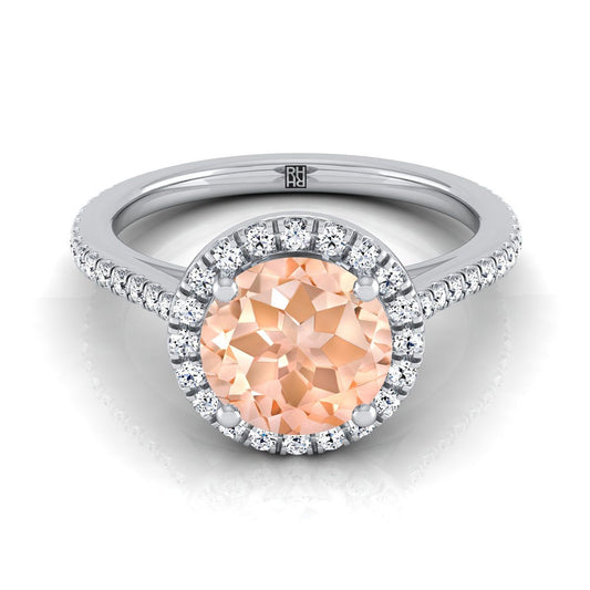 แหวนหมั้นทองคำขาว 18K ทรงกลมเจียระไนแบบคลาสสิก ฝรั่งเศสแบบปาเว่ ฮาโลและเส้นตรง - 1/4ctw