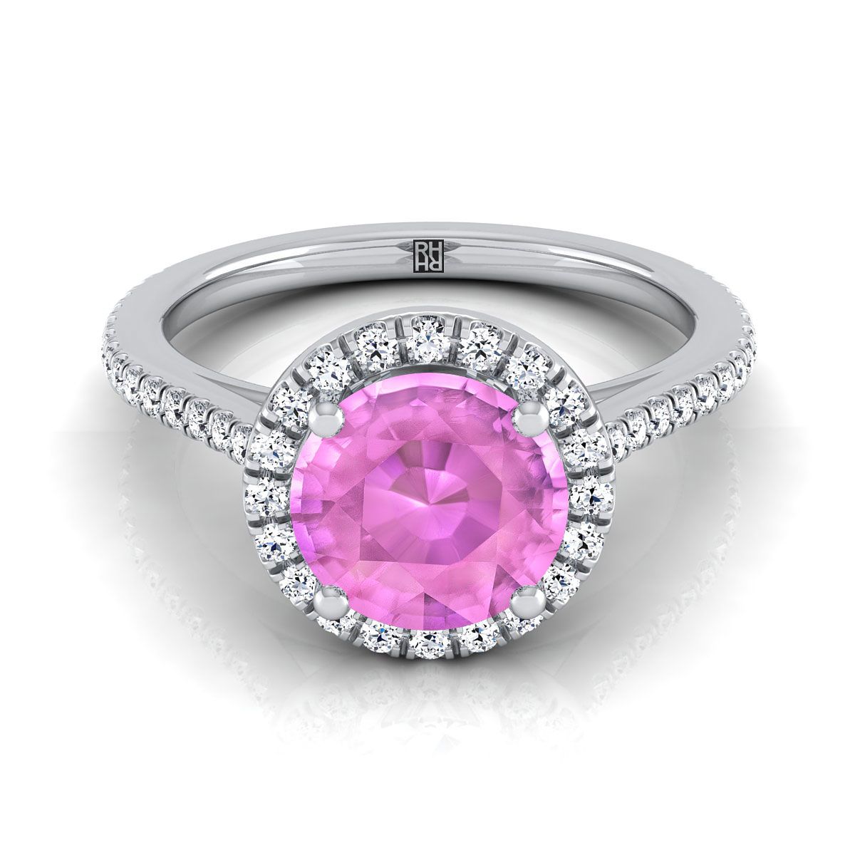 แหวนหมั้นเพชรทรงกลมแพลทินัมแบบคลาสสิก ฝังเพชรสไตล์ฝรั่งเศสแบบฮาโลและเส้นตรง - 1/4ctw