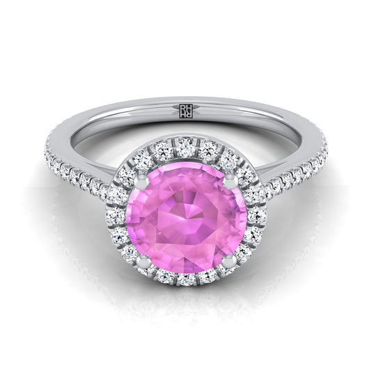 แหวนหมั้นเพชรทรงกลมแพลทินัมแบบคลาสสิก ฝังเพชรสไตล์ฝรั่งเศสแบบฮาโลและเส้นตรง - 1/4ctw