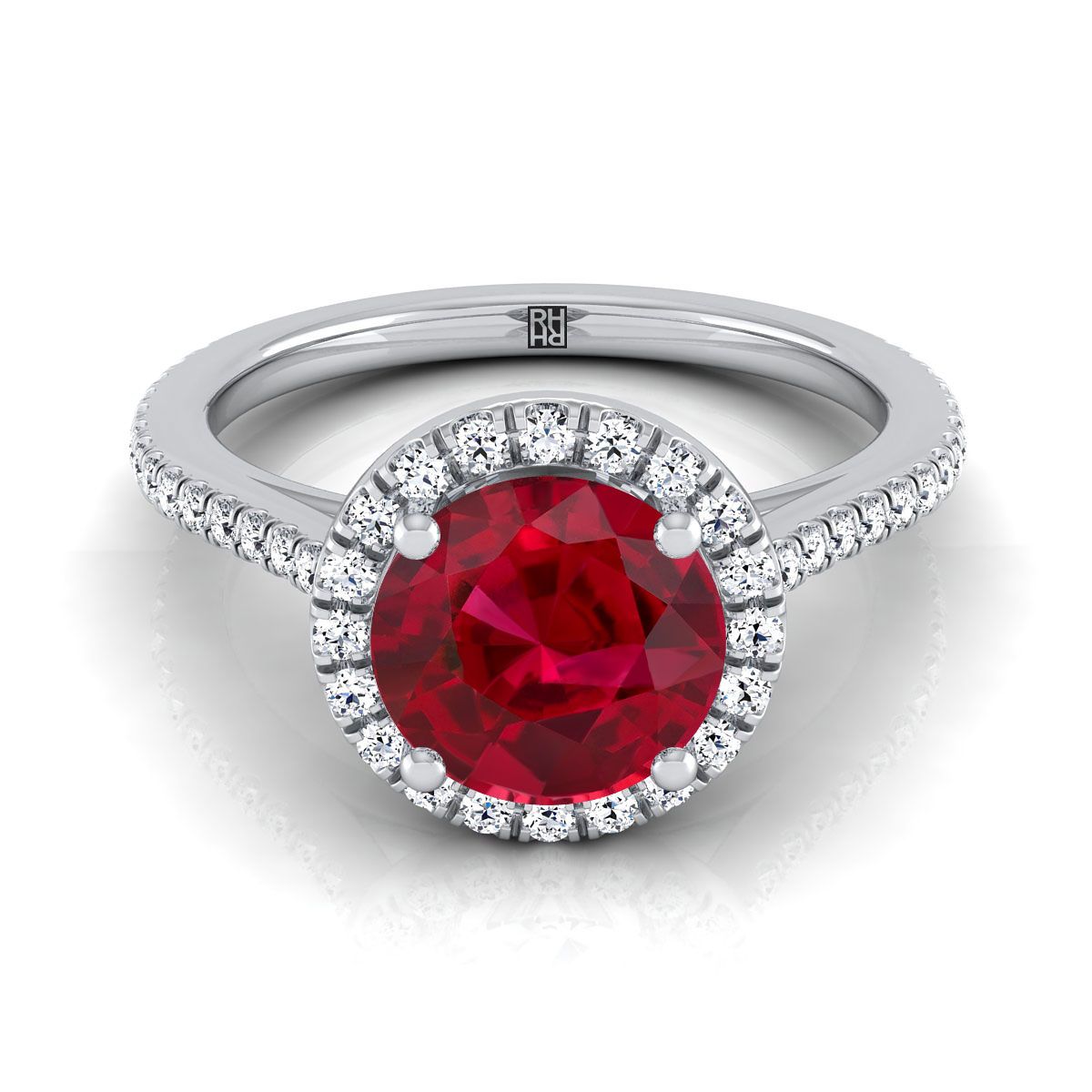 Platinum Round Brilliant Classic French Pave Halo and Linear Engagement Ring -1/4ctw