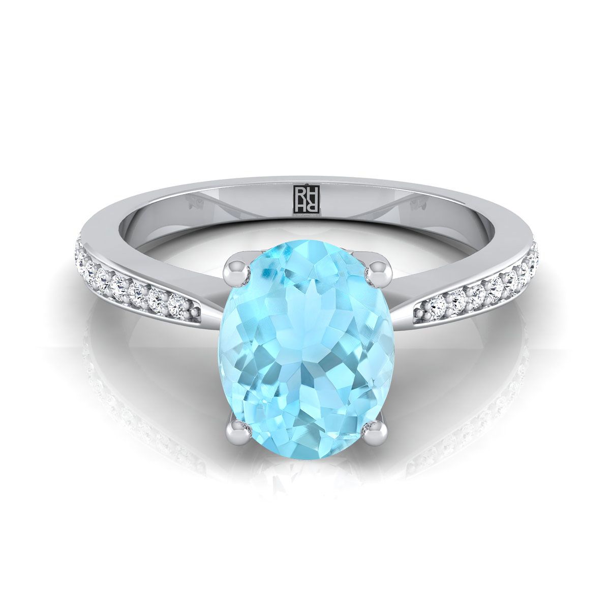 18K White Gold Oval Aquamarine Tapered Pave Diamond Engagement Ring -1/8ctw