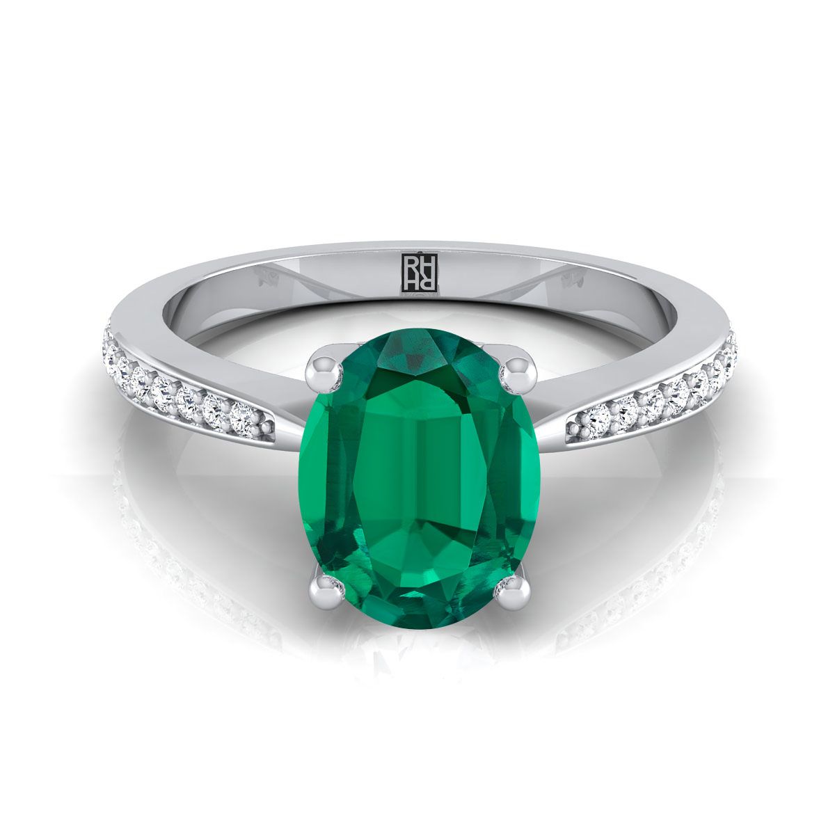 14K White Gold Oval Emerald Tapered Pave Diamond Engagement Ring -1/8ctw