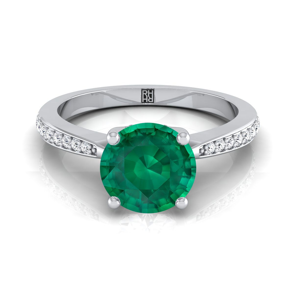 18K White Gold Round Brilliant Emerald Tapered Pave Diamond Engagement Ring -1/8ctw
