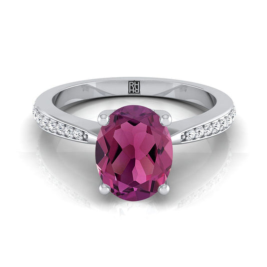 18K White Gold Oval Garnet Tapered Pave Diamond Engagement Ring -1/8ctw