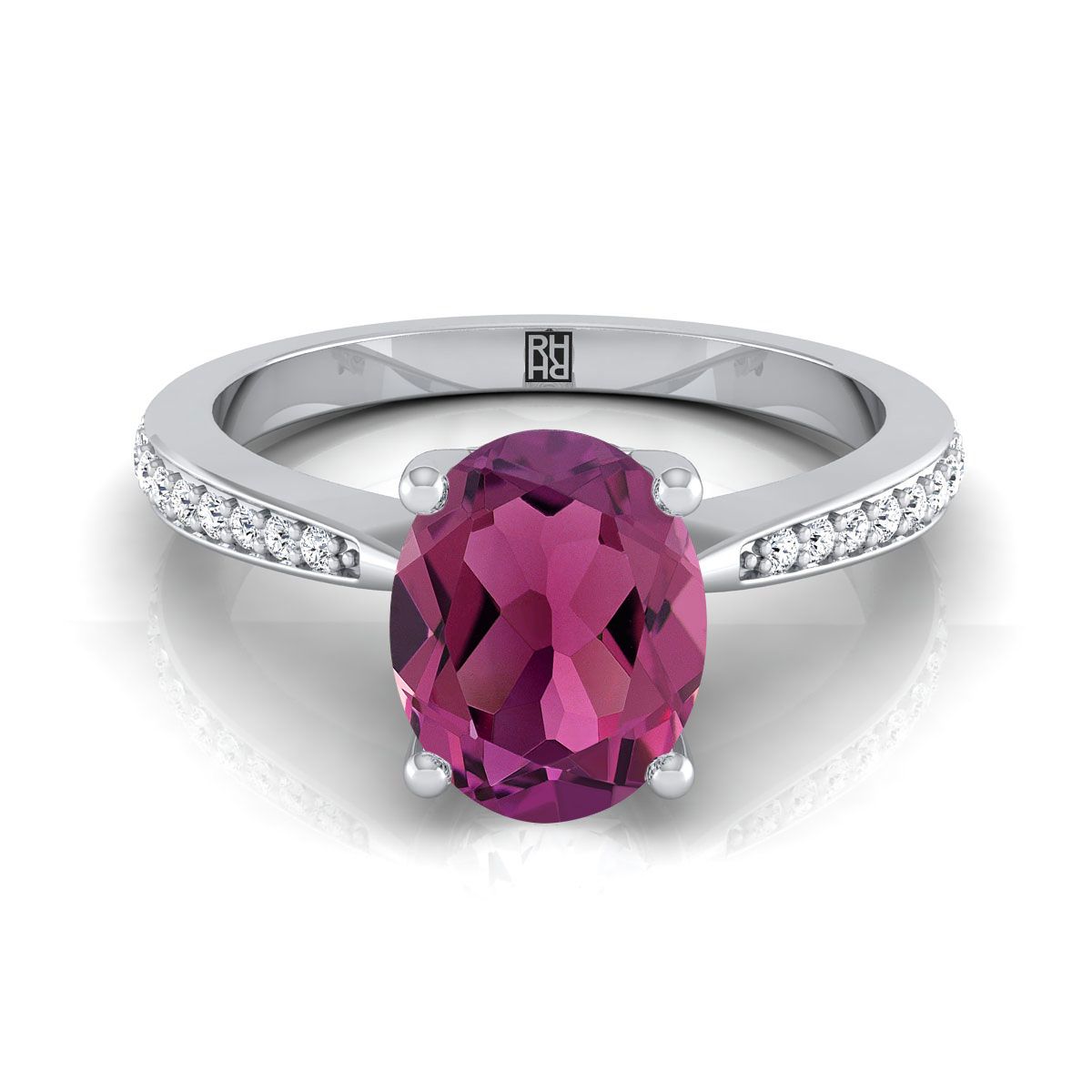 Platinum Oval Garnet Tapered Pave Diamond Engagement Ring -1/8ctw