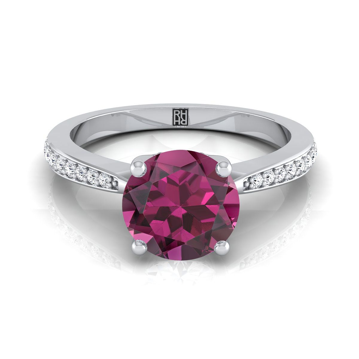 Platinum Round Brilliant Garnet Tapered Pave Diamond Engagement Ring -1/8ctw