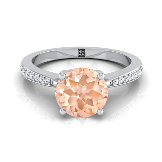 18K White Gold Round Brilliant Morganite Tapered Pave Diamond Engagement Ring -1/8ctw
