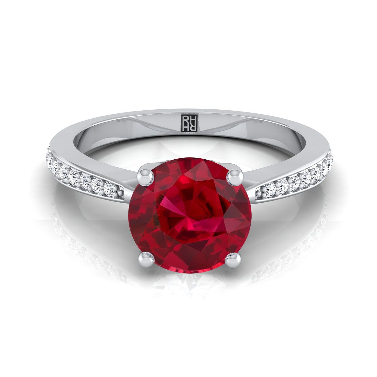 Platinum Round Brilliant Ruby Tapered Pave Diamond Engagement Ring -1/8ctw
