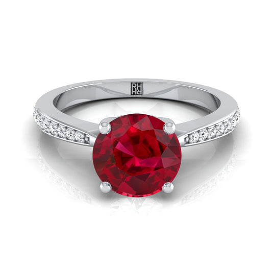 Platinum Round Brilliant Ruby Tapered Pave Diamond Engagement Ring -1/8ctw