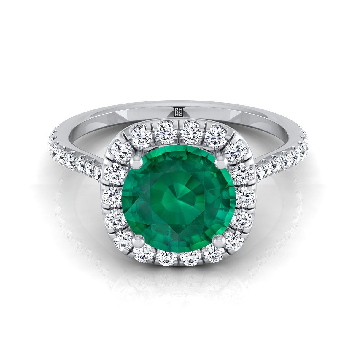 Platinum Round Brilliant Emerald Shared Prong Diamond Halo Engagement Ring -3/8ctw