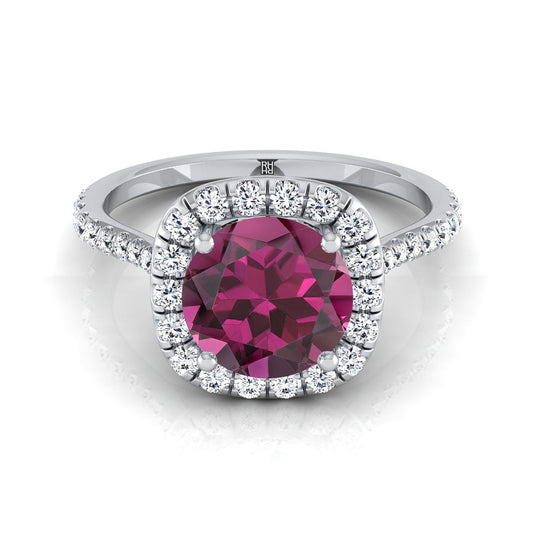 18K White Gold Round Brilliant Garnet Shared Prong Diamond Halo Engagement Ring -3/8ctw