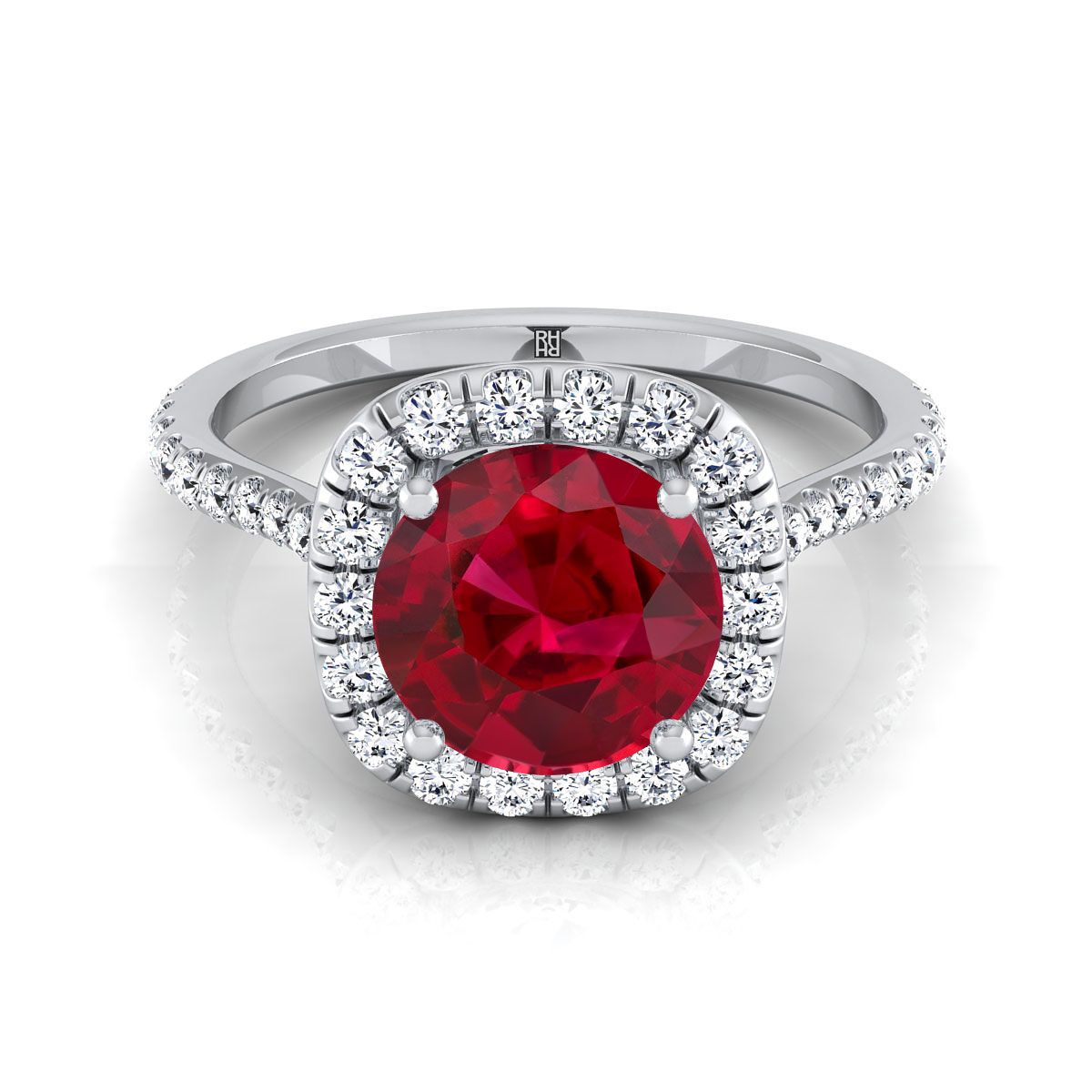 Platinum Round Brilliant Ruby Shared Prong Diamond Halo Engagement Ring -3/8ctw
