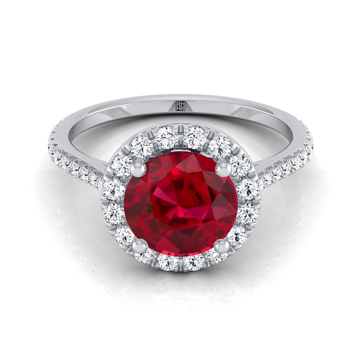 Platinum Ruby Ruby Halo Diamond Pave Engagement Ring -3/8ctw