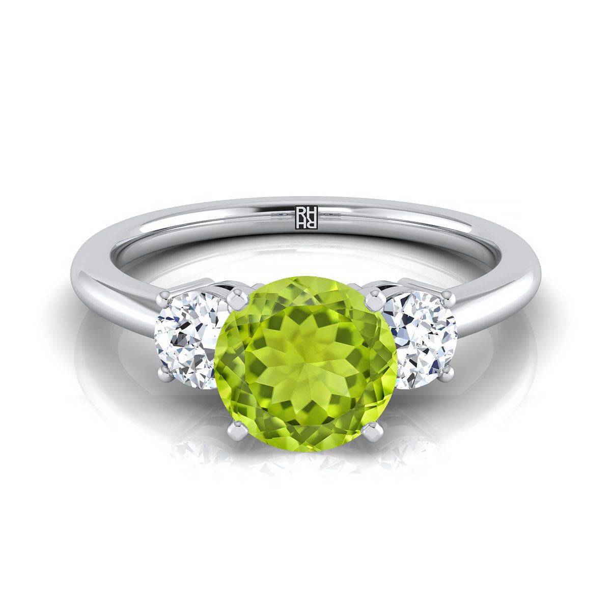 18K White Gold Round Brilliant Peridot Perfectly Matched Round Three Stone Diamond Engagement Ring -1/4ctw