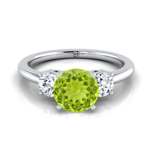 18K White Gold Round Brilliant Peridot Perfectly Matched Round Three Stone Diamond Engagement Ring -1/4ctw