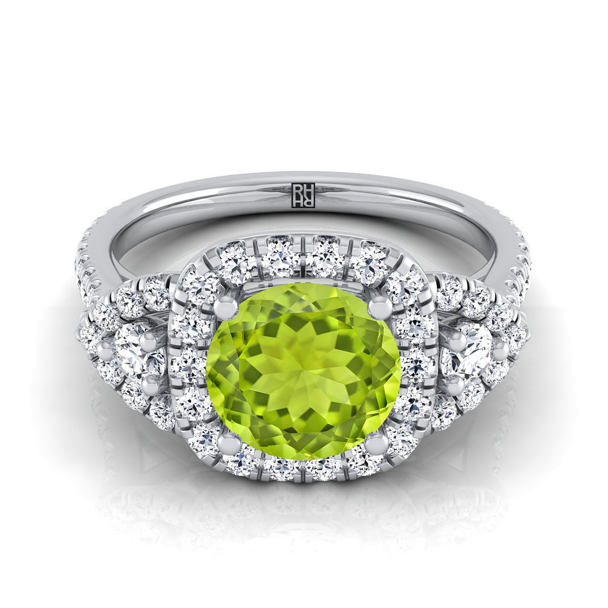 18K White Gold Round Brilliant Peridot Delicate Three Stone Halo Pave Diamond Engagement Ring -5/8ctw