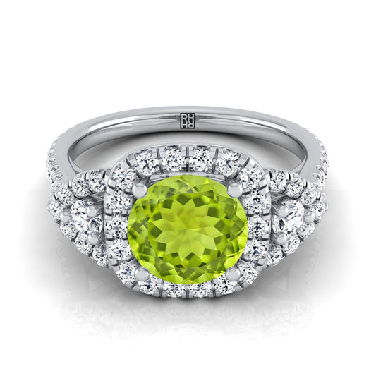 18K White Gold Round Brilliant Peridot Delicate Three Stone Halo Pave Diamond Engagement Ring -5/8ctw