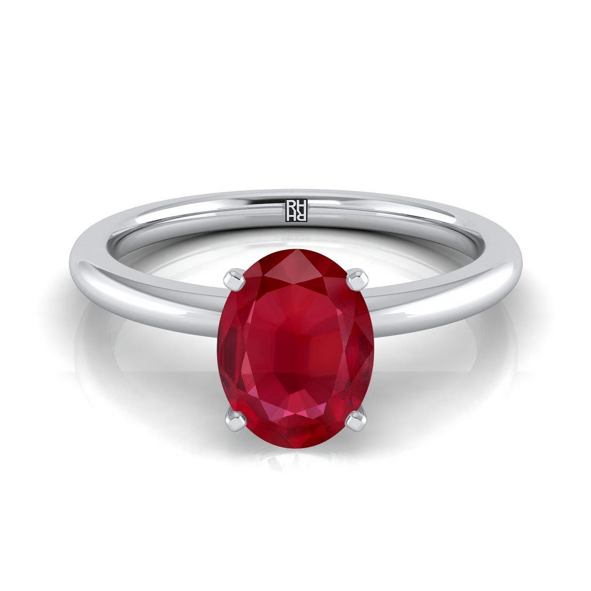 18K White Gold Oval Ruby Round Comfort Fit Claw Prong Solitaire Engagement Ring