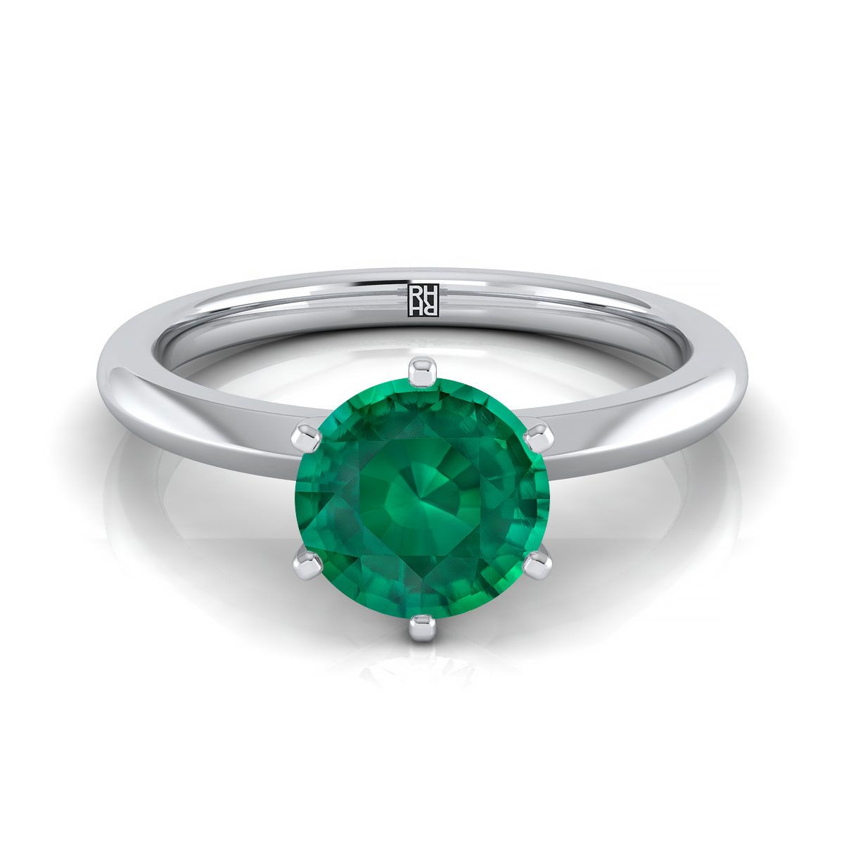 18K White Gold Round Brilliant Emerald Pinched Comfort Fit Claw Prong Solitaire Engagement Ring