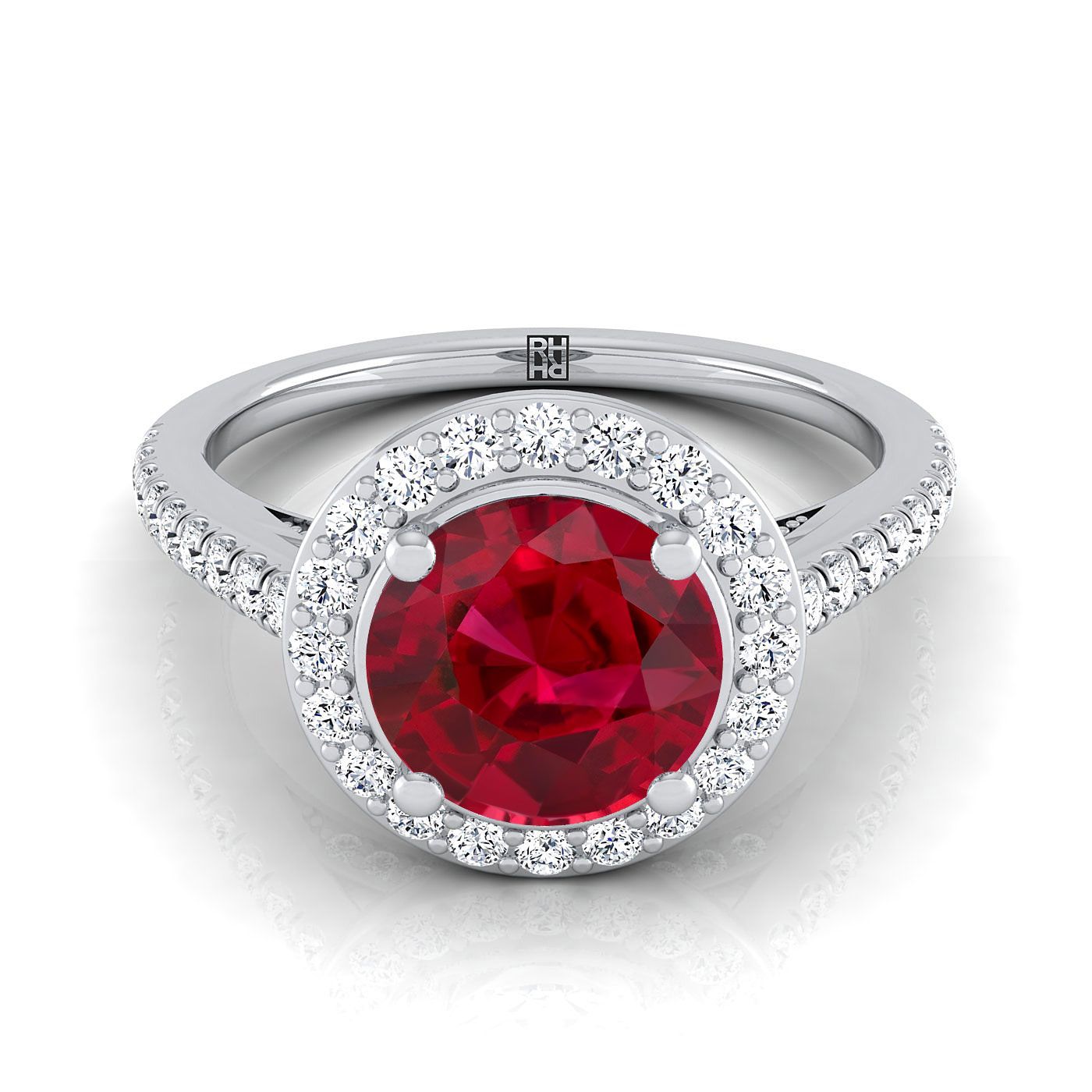 18K White Gold Round Brilliant Ruby French Pave Halo Secret Gallery Diamond Engagement Ring -3/8ctw