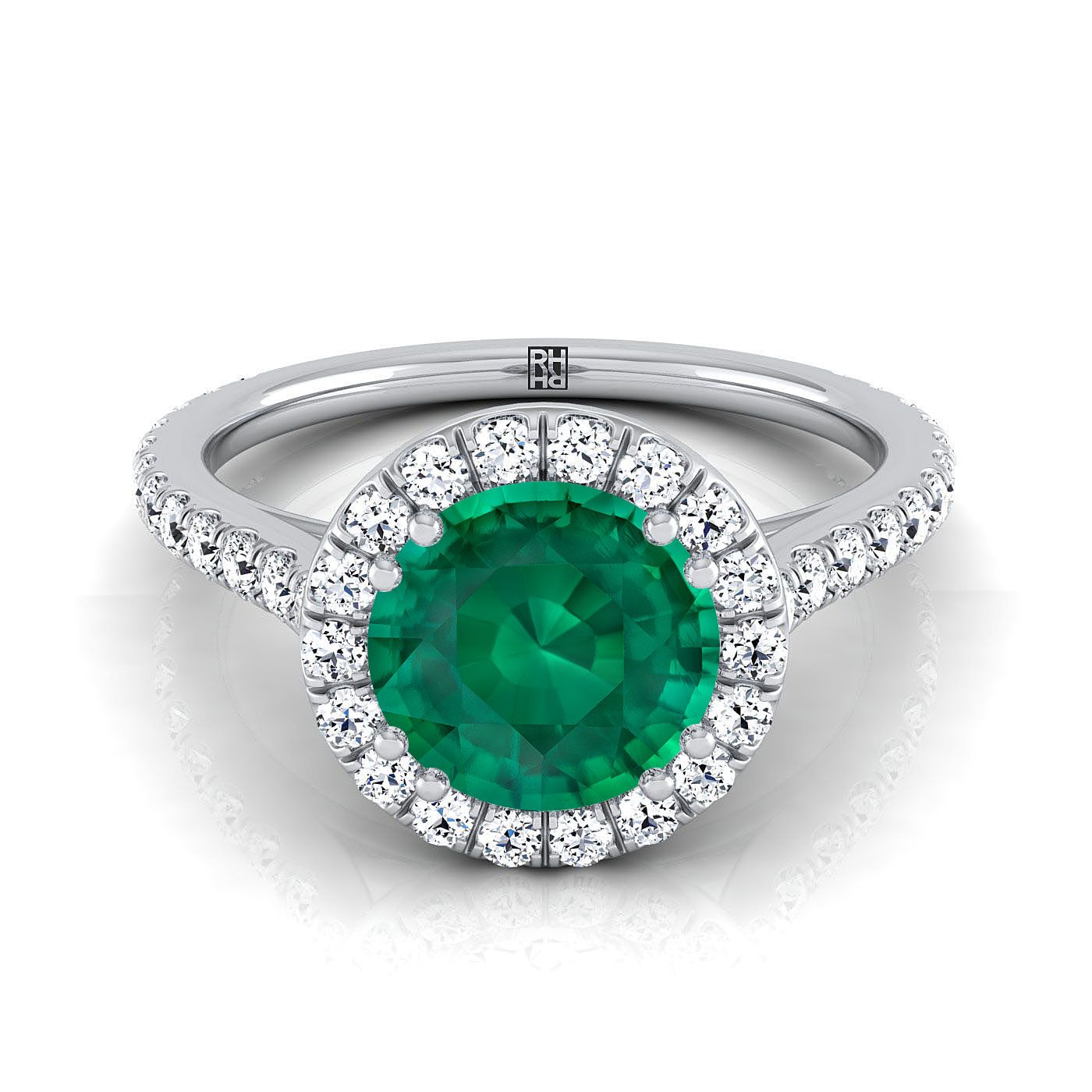 18K White Gold Round Brilliant Emerald Horizontal Fancy East West Diamond Halo Engagement Ring -1/2ctw