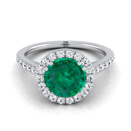 Platinum Round Brilliant Emerald Horizontal Fancy East West Diamond Halo Engagement Ring -1/2ctw