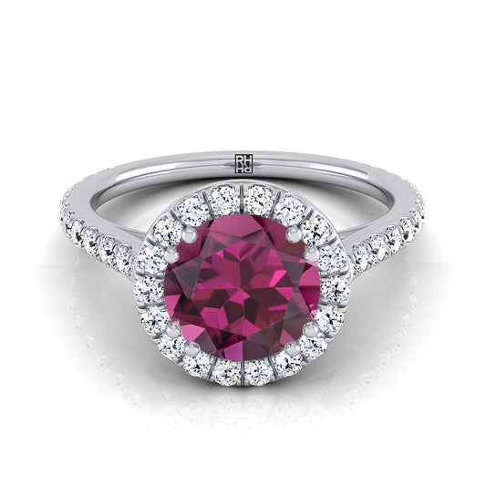 14K White Gold Round Brilliant Garnet Horizontal Fancy East West Diamond Halo Engagement Ring -1/2ctw