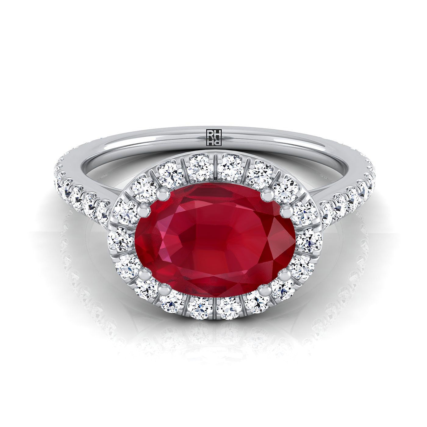 14K White Gold Oval Ruby Horizontal Fancy East West Diamond Halo Engagement Ring -1/2ctw