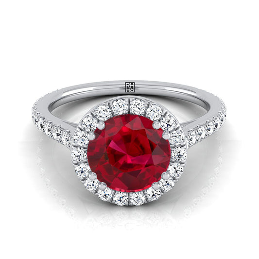 Platinum Round Brilliant Ruby Horizontal Fancy East West Diamond Halo Engagement Ring -1/2ctw