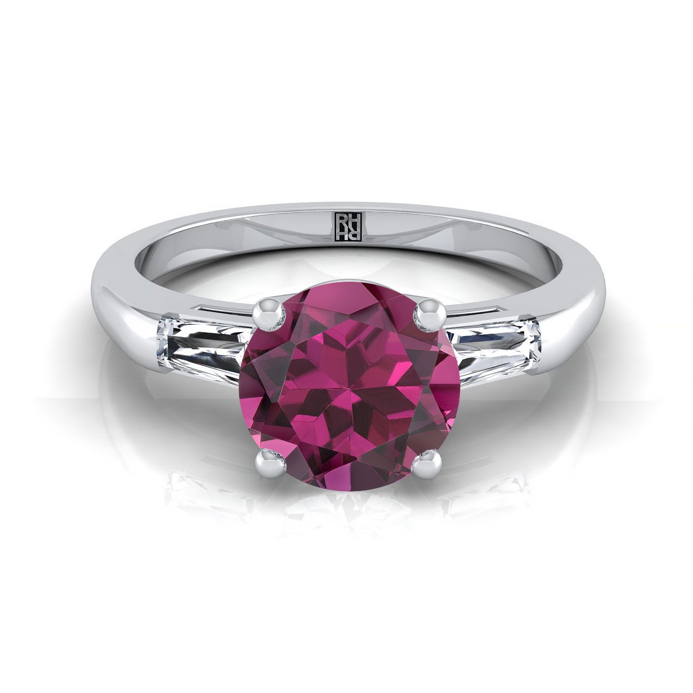 14K White Gold Round Brilliant Garnet Three Stone Tapered Baguette Engagement Ring -1/5ctw